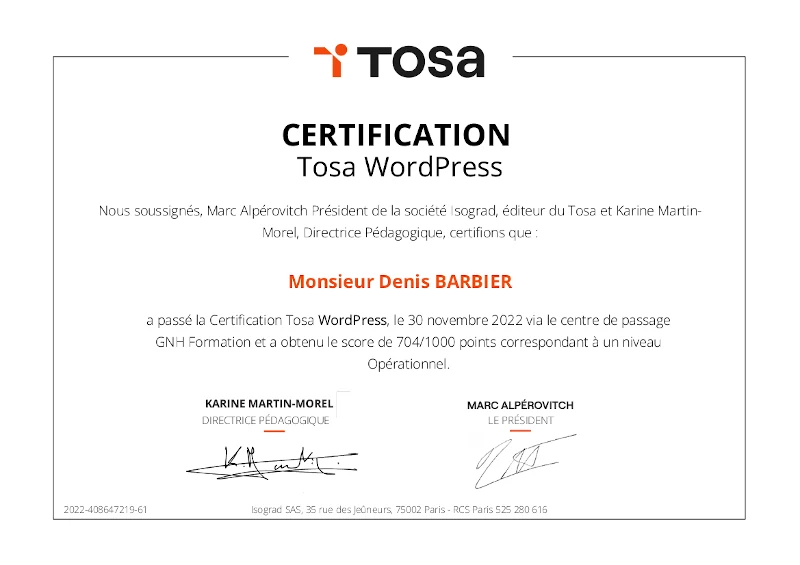 Certificat Tosa WordPress de Denis Barbier